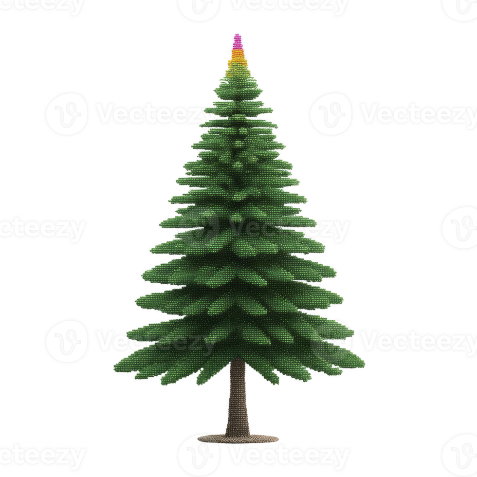 Tall, stylized evergreen tree with gradient of colors top, transitioning from green to yellow and purple, stands against plain background. tree branches are symmetrically arranged, creating png