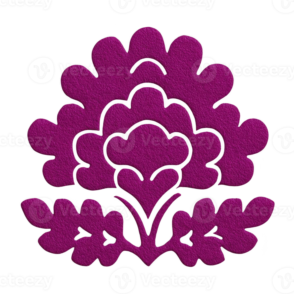 Vibrant purple floral design with intricate patterns and symmetrical shapes, resembling stylized flower with leaves. texture appears leather like, adding depth and elegance to motif png