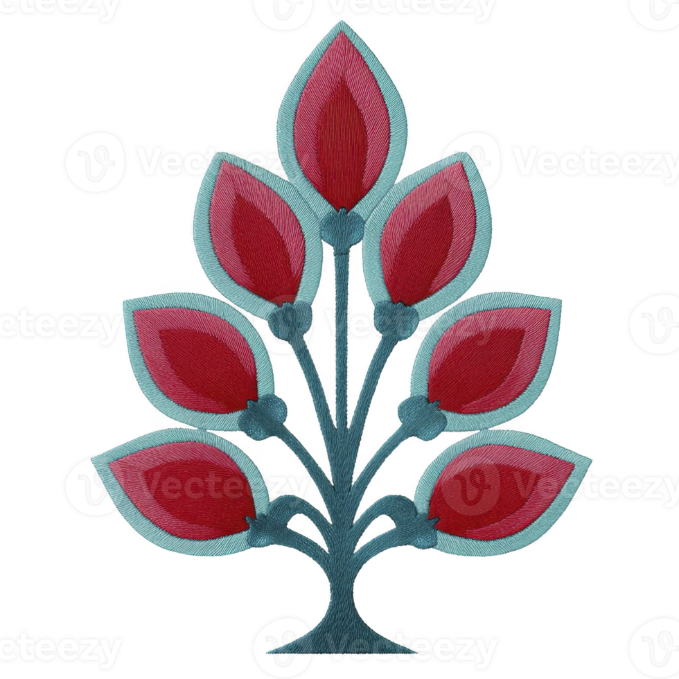 Stylized floral embroidery design features symmetrical tree with red and teal leaves, creating vibrant and artistic pattern. intricate stitching adds texture and depth png