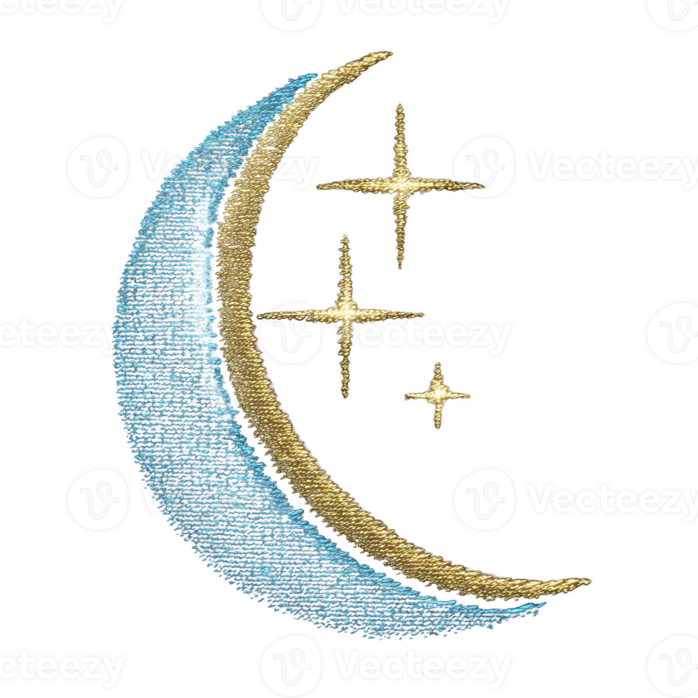 Crescent moon and stars are embroidered in blue and gold thread on transparency background, creating celestial and mystical design. texture of embroidery adds depth and elegance png