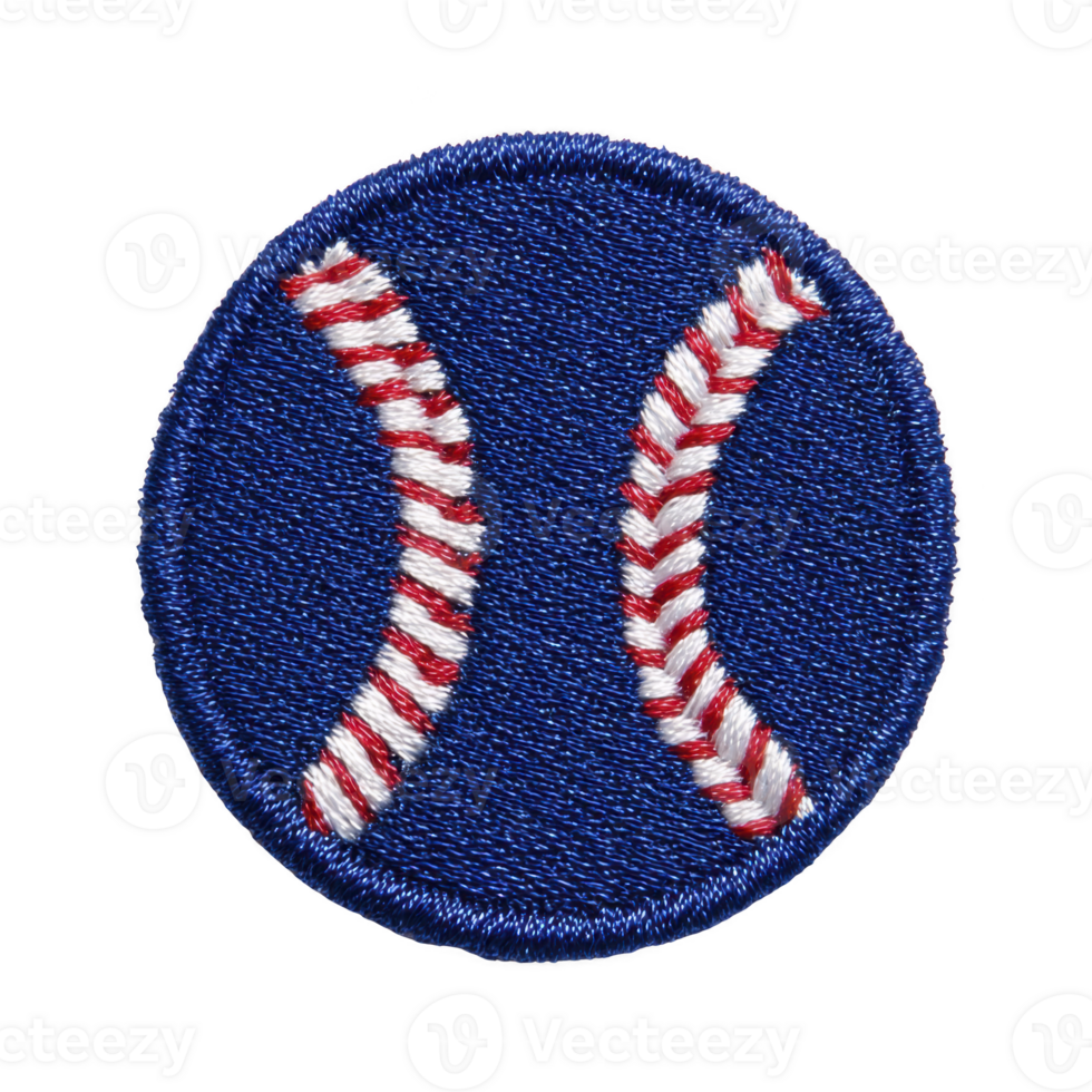 Round embroidered patch features blue background with white and red baseball stitch design, symbolizing baseball. patch is detailed and vibrant, ideal for sports enthusiasts png