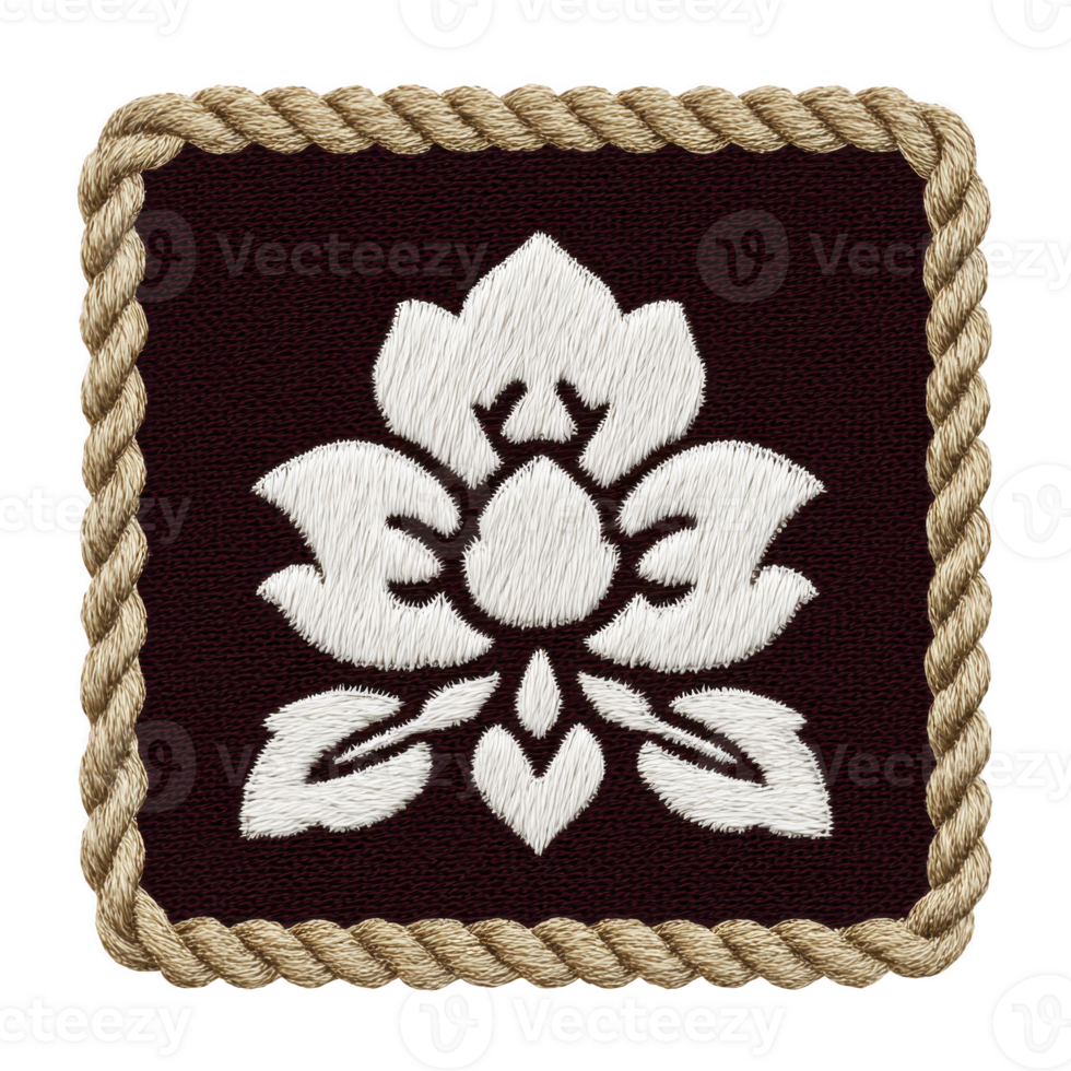Square patch with floral embroidery design is bordered by rope pattern, featuring white flower motif on transparency background. intricate stitching adds texture and elegance png