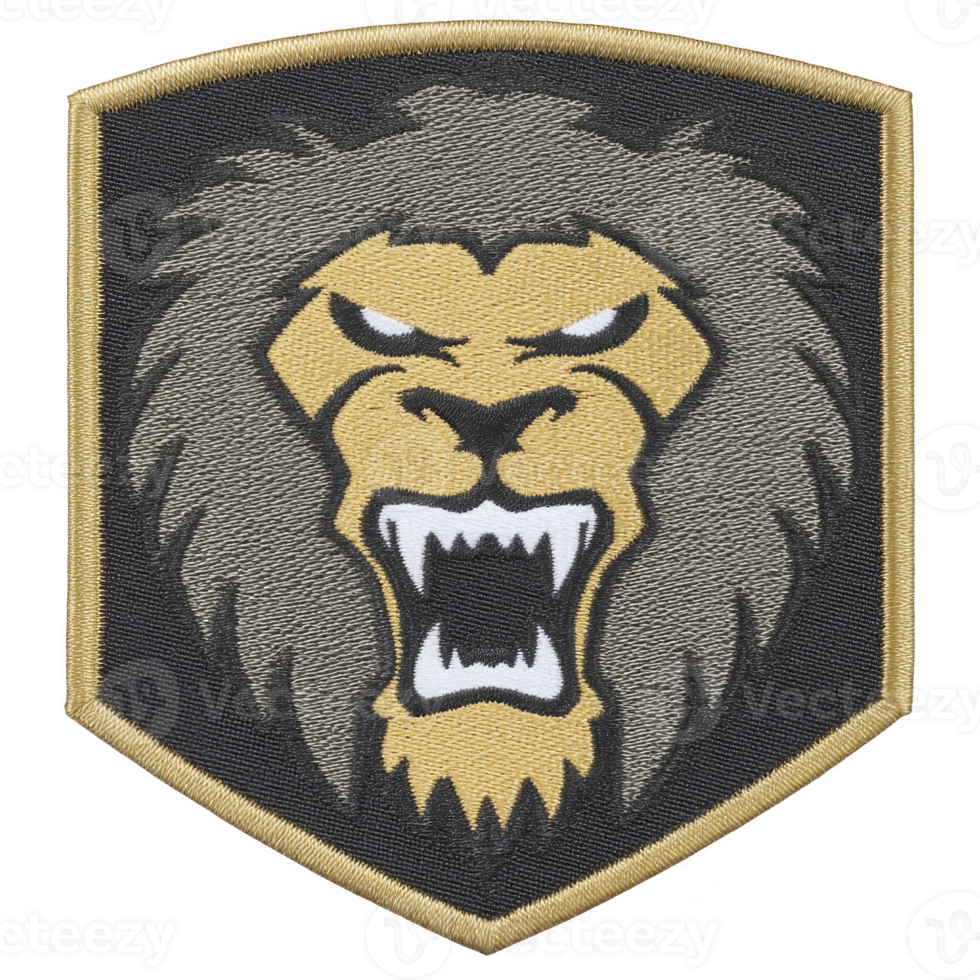 This features embroidered patch with fierce lion head design, showcasing roaring expression. patch has shield shape with transparency background and gold border, highlighting lion mane and face png