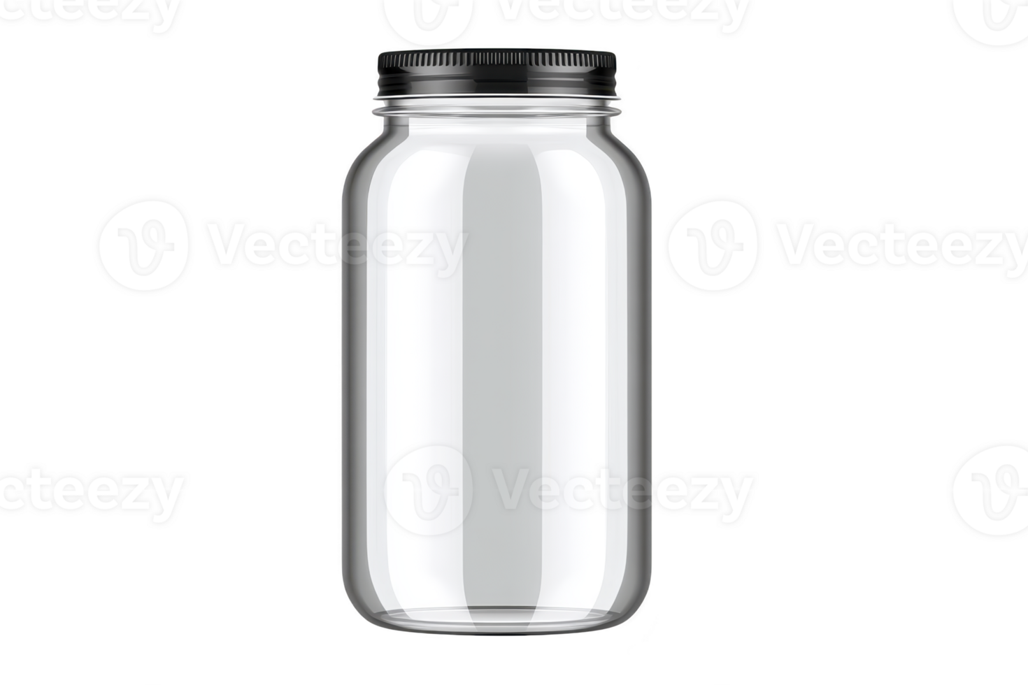 Clear glass jar with black lid is shown, perfect for storing food or liquids. simple design is versatile for kitchen use or decorative purposes png