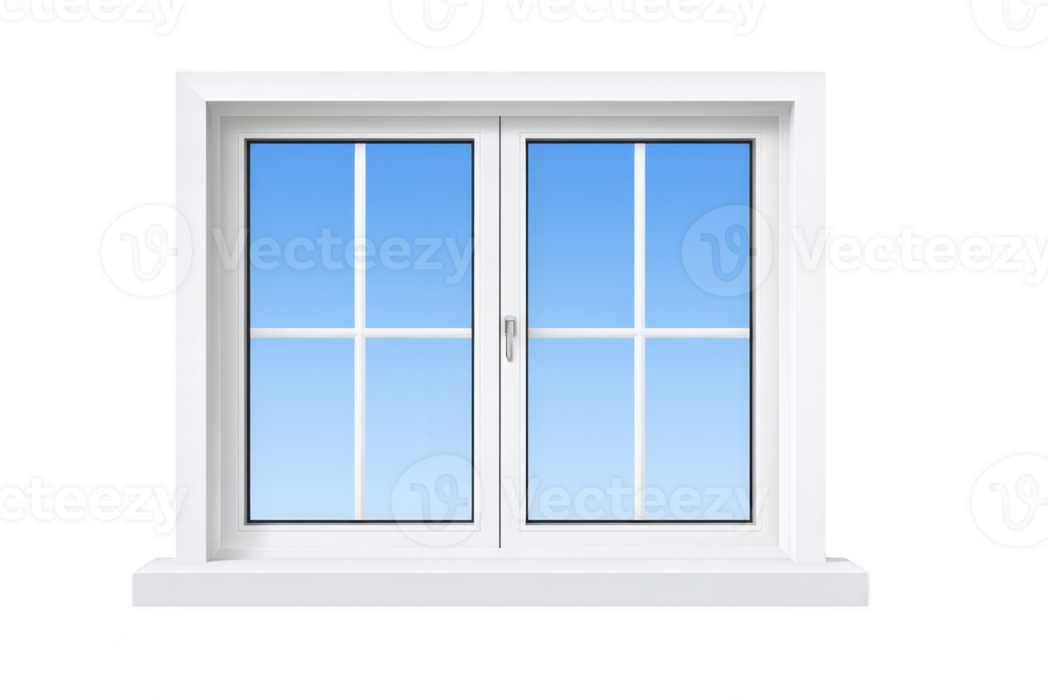 White framed window with clear glass panes reflects bright blue sky, creating serene and open atmosphere. window design is simple and modern, enhancing any interior space png