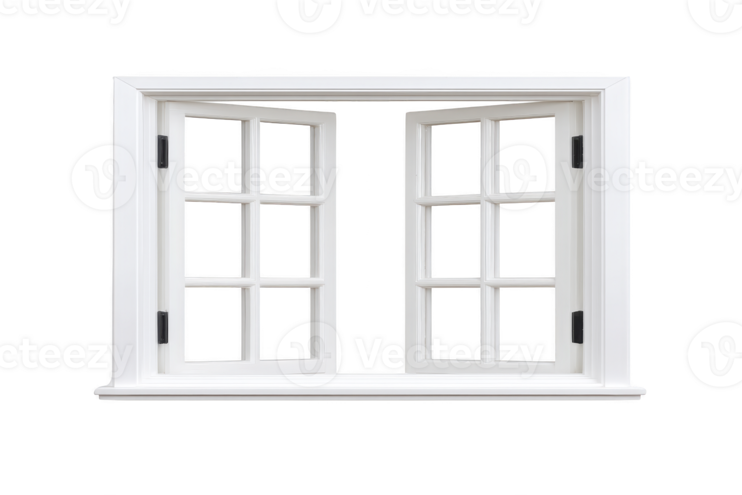 Open white window with double panes and black hinges, isolated on transparent background. window is framed in classic style, allowing for clear view through glass png