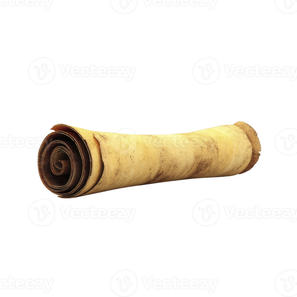 Rolled rawhide dog chew treat is displayed against transparency background, showcasing its natural texture and spiral shape. This treat is designed for dogs to enjoy chewing png
