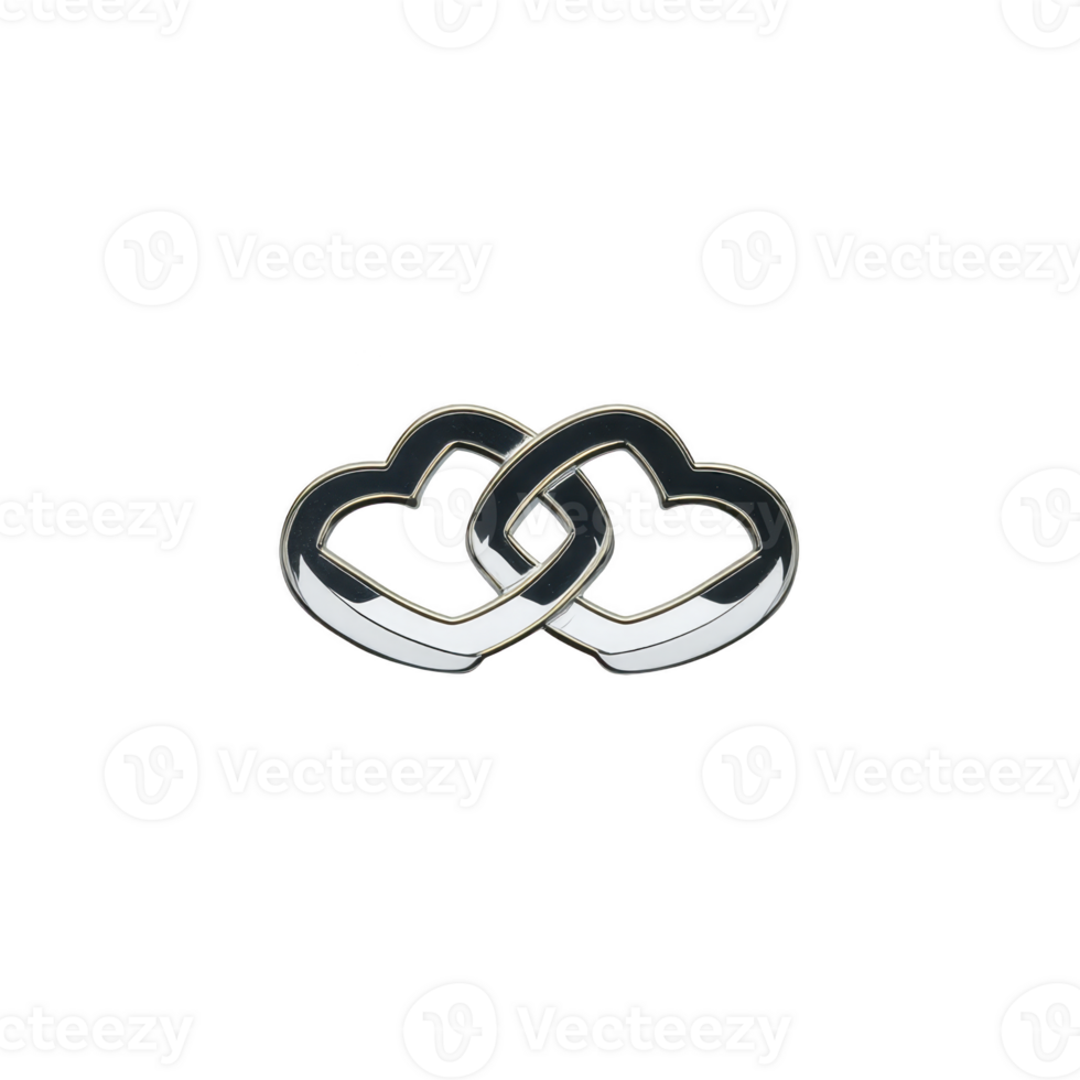 Two interlocking heart shaped rings symbolize love and connection, featuring sleek metallic design on plain background. intertwined hearts convey unity and affection png