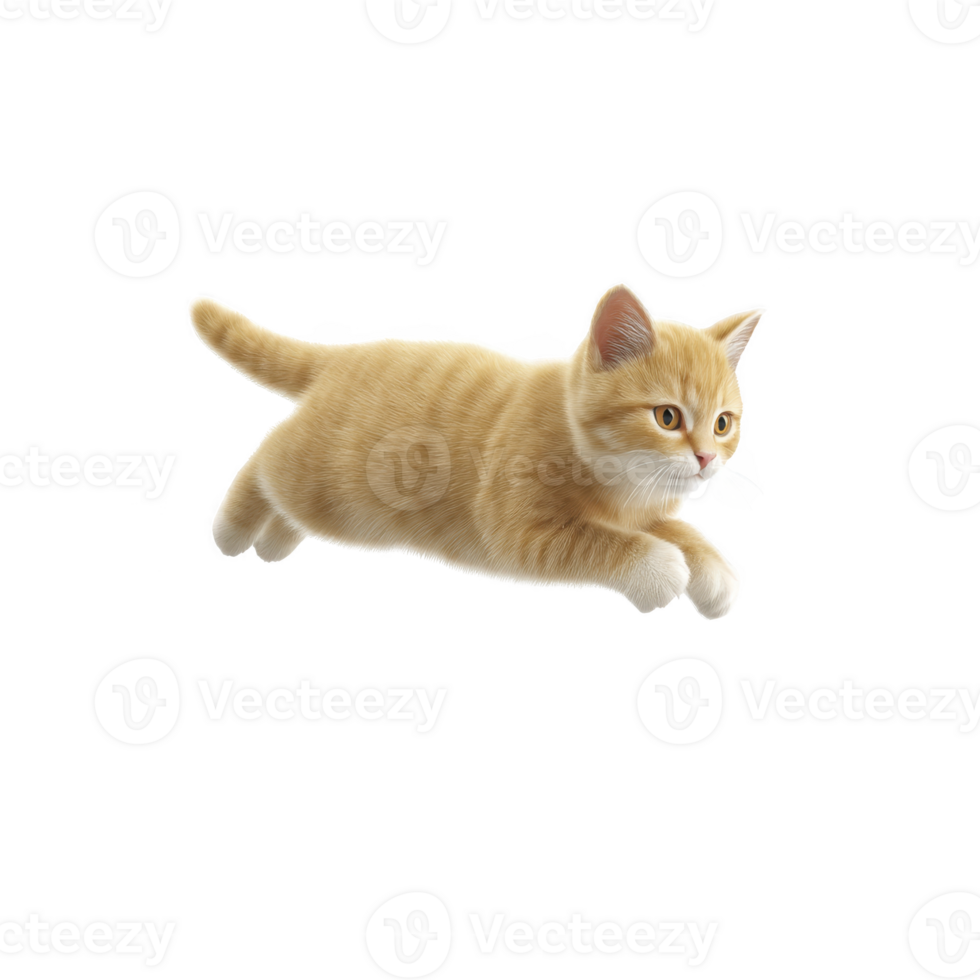 Playful orange tabby kitten leaps through air with excitement, showcasing its agility and energy. fluffy fur and focused expression highlight its youthful curiosity png