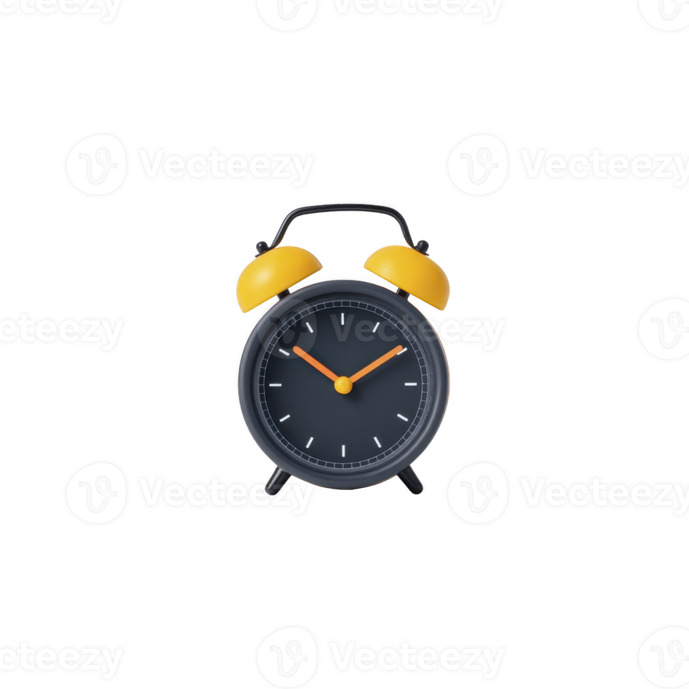 Classic black alarm clock with yellow bells and orange hands stands against transparency background, evoking sense of nostalgia and urgency png