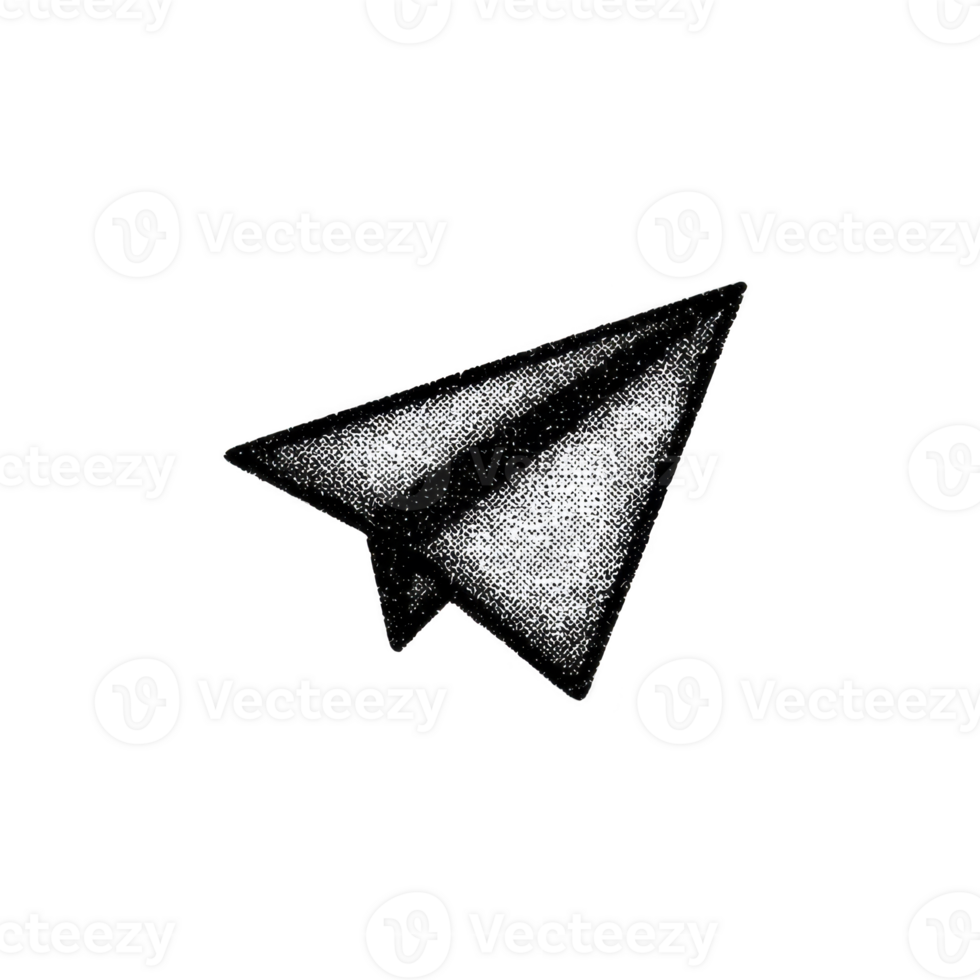 Black and white illustration of paper airplane, symbolizing simplicity and creativity. dotted texture adds vintage feel to minimalist design png