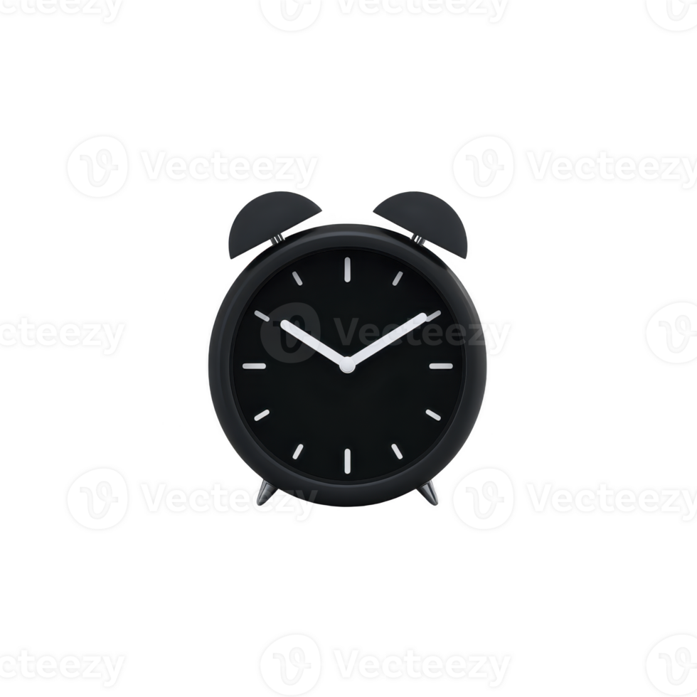 Classic black alarm clock with minimalist design, featuring two bells on top and simple clock face with white hour and minute hands. clock exudes vintage yet modern aesthetic png