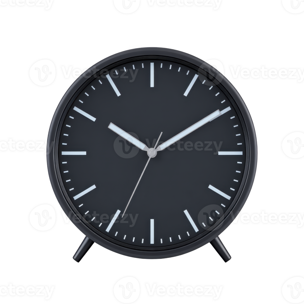 Sleek black analog clock with minimalist design and white hour markers stands on two small legs, displaying modern and elegant style png