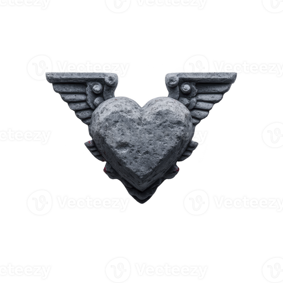 Stone heart with wings symbolizes strength and freedom, evoking sense of resilience and hope. textured surface adds rustic charm to design png