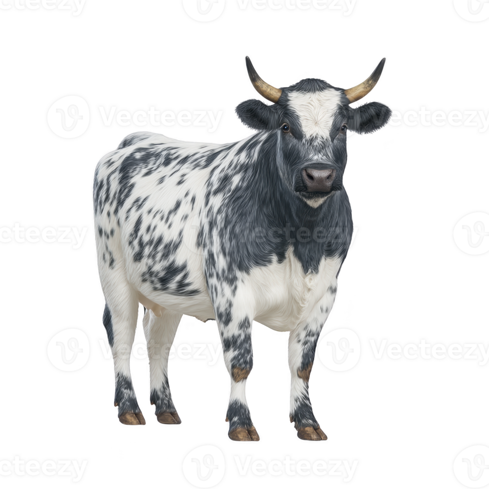Black and white speckled cow with horns stands facing forward, showcasing its unique pattern and sturdy build. cow calm demeanor is evident in its relaxed posture png
