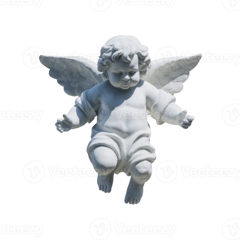White cherub statue with wings, depicted in joyful pose, symbolizes innocence and peace. detailed sculpture captures essence of classical art, often seen in gardens or religious settings png