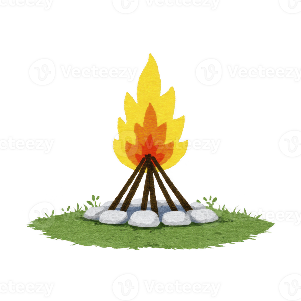 Vibrant illustration of campfire with bright yellow and orange flames surrounded by stones on grassy patch, evoking warmth and outdoor adventure png
