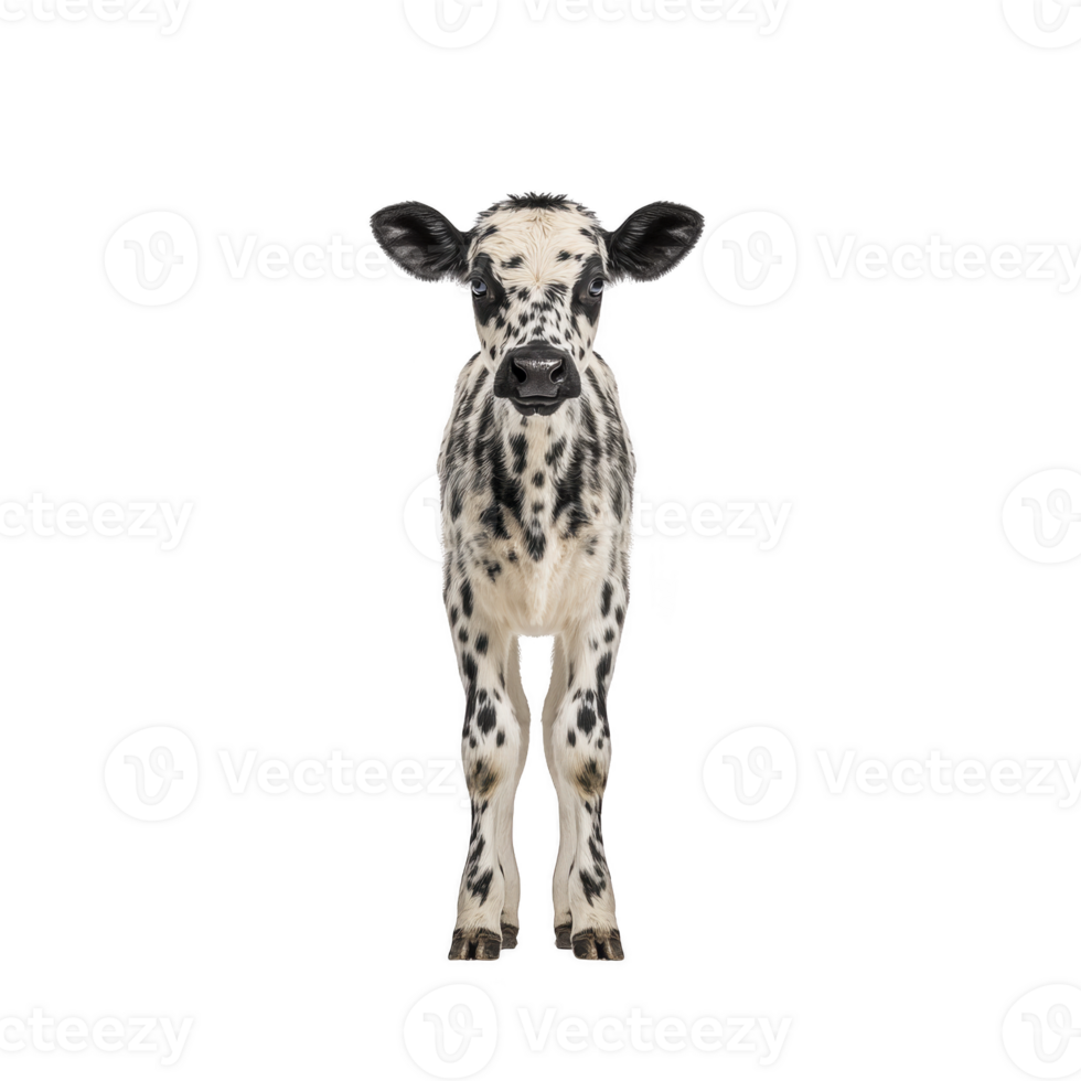Young, black and white spotted calf stands facing forward against plain background, showcasing its distinctive markings and curious expression png