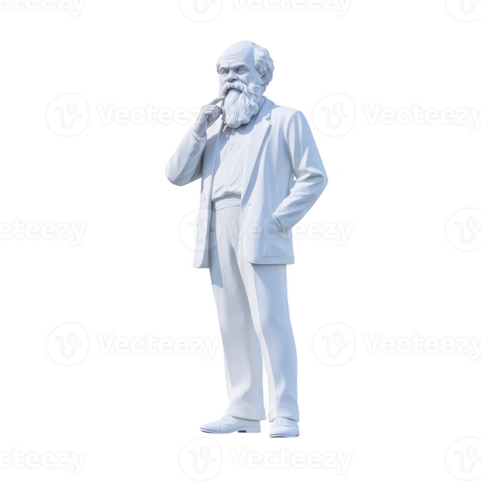 White statue of elderly man with beard stands thoughtfully, wearing suit. figure hand is raised to his chin, suggesting contemplation. statue is isolated on transparency background png