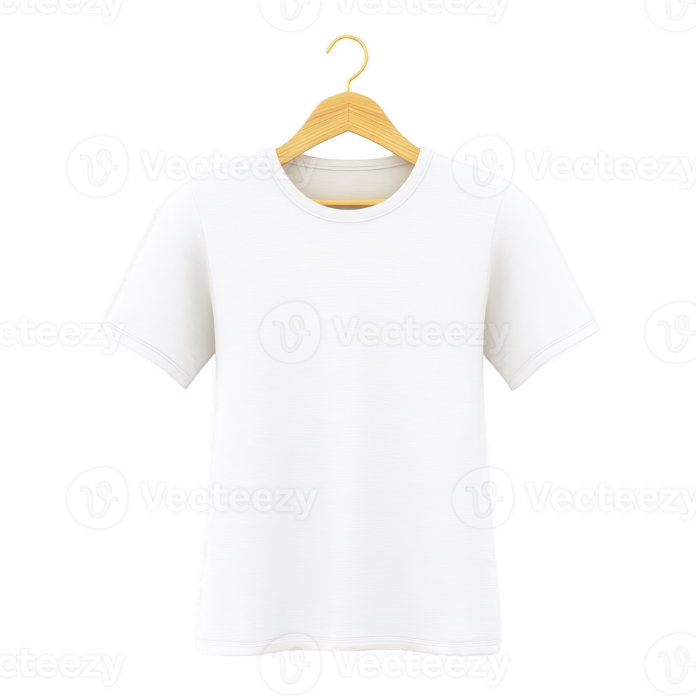 Plain white t shirt is displayed on wooden hanger against transparency background, showcasing its simple and classic design. shirt is short sleeved and made of cotton png