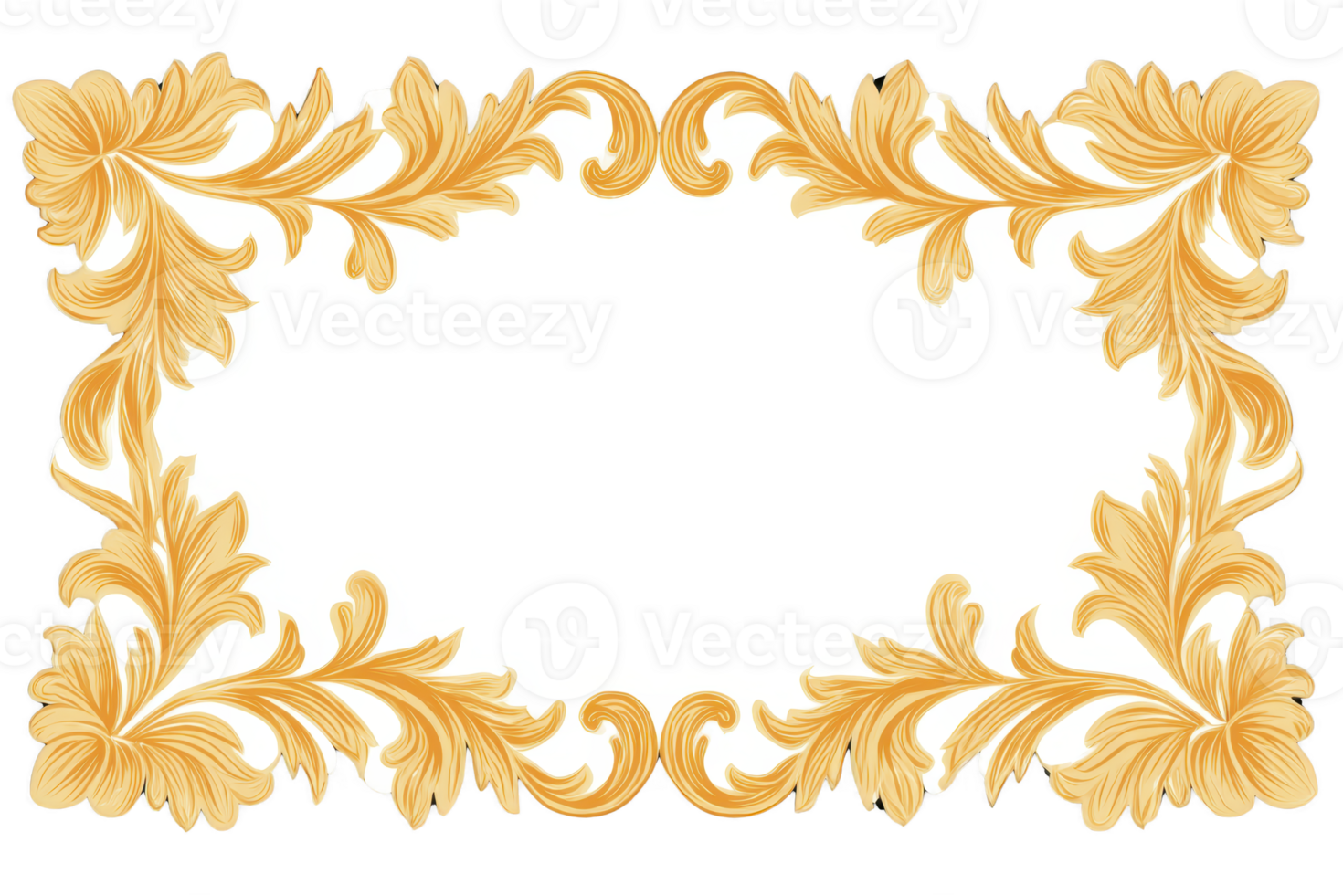 Ornate golden floral frame with intricate leaf patterns, perfect for elegant invitations or decorative borders. design features swirling motifs and classic, luxurious feel png