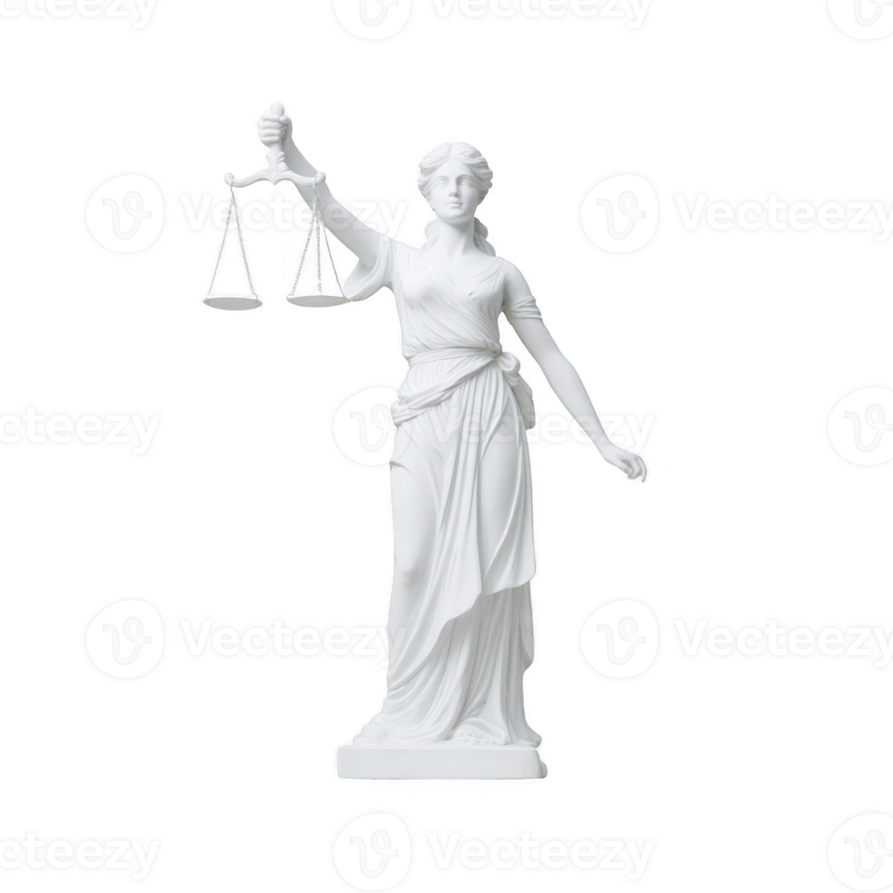 White statue of Lady Justice holding scales symbolizes fairness and impartiality. figure is draped in classical attire, representing legal system integrity and balance png