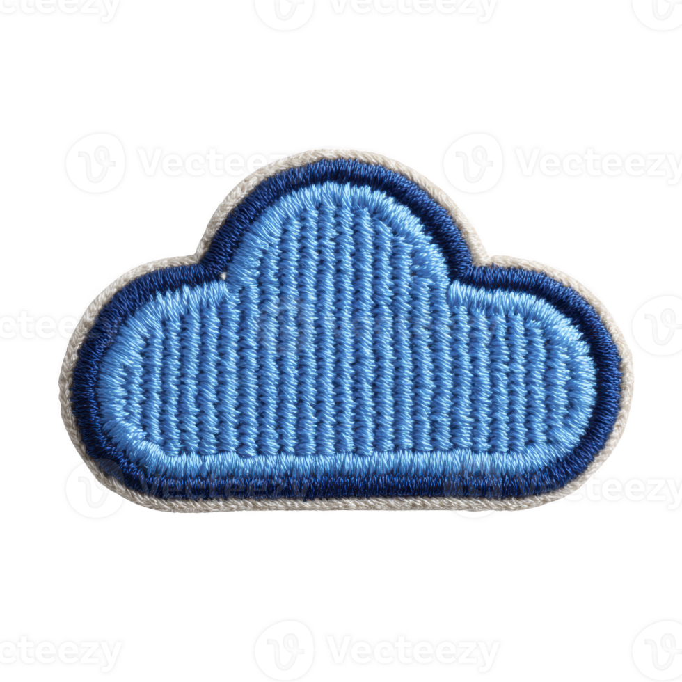 Blue embroidered cloud patch with textured surface and dark blue outline, set against plain background. patch has soft, rounded shape and simple, playful design png