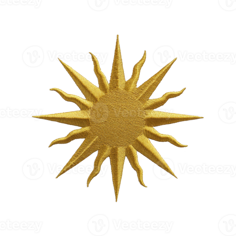 Golden sun emblem with wavy rays radiates against transparency background, symbolizing warmth and energy. intricate embroidery adds texture and depth to design png