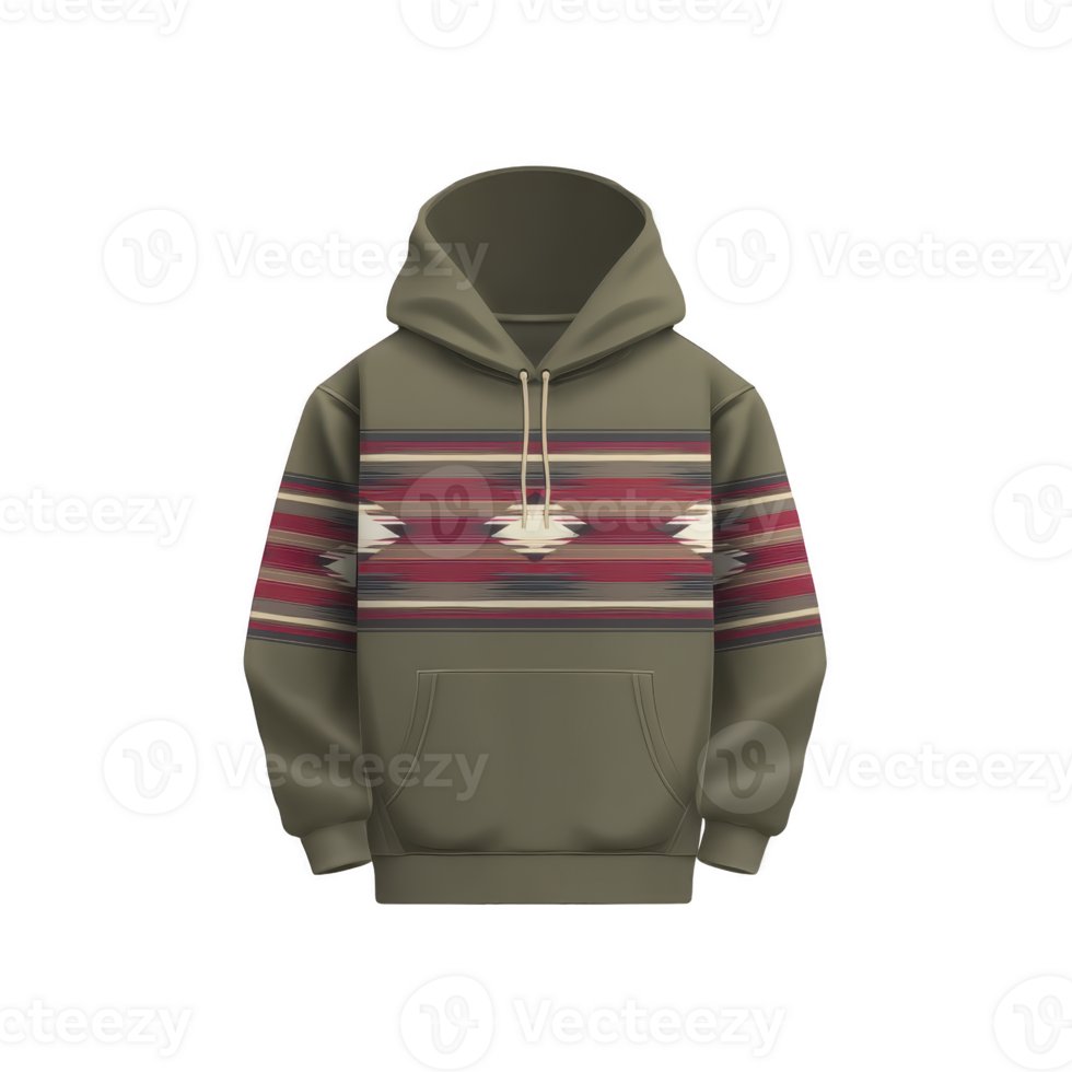 Olive green hoodie with vibrant geometric pattern featuring red and white accents, showcasing stylish and cozy design. Perfect for casual wear and outdoor activities png
