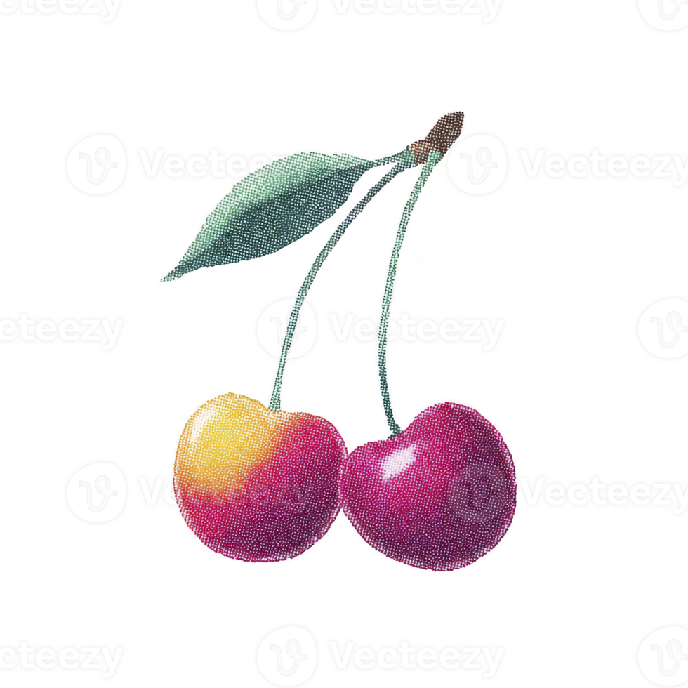 Two vibrant cherries with green leaf are depicted against transparency background, showcasing colorful and artistic style. cherries appear fresh and juicy, with touch of realism png