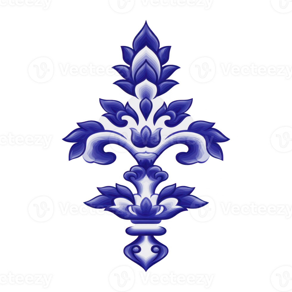 Intricate blue floral ornament design with symmetrical patterns and elegant curves, showcasing classic and decorative style. design features layered petals and leaves, creating sense of depth png