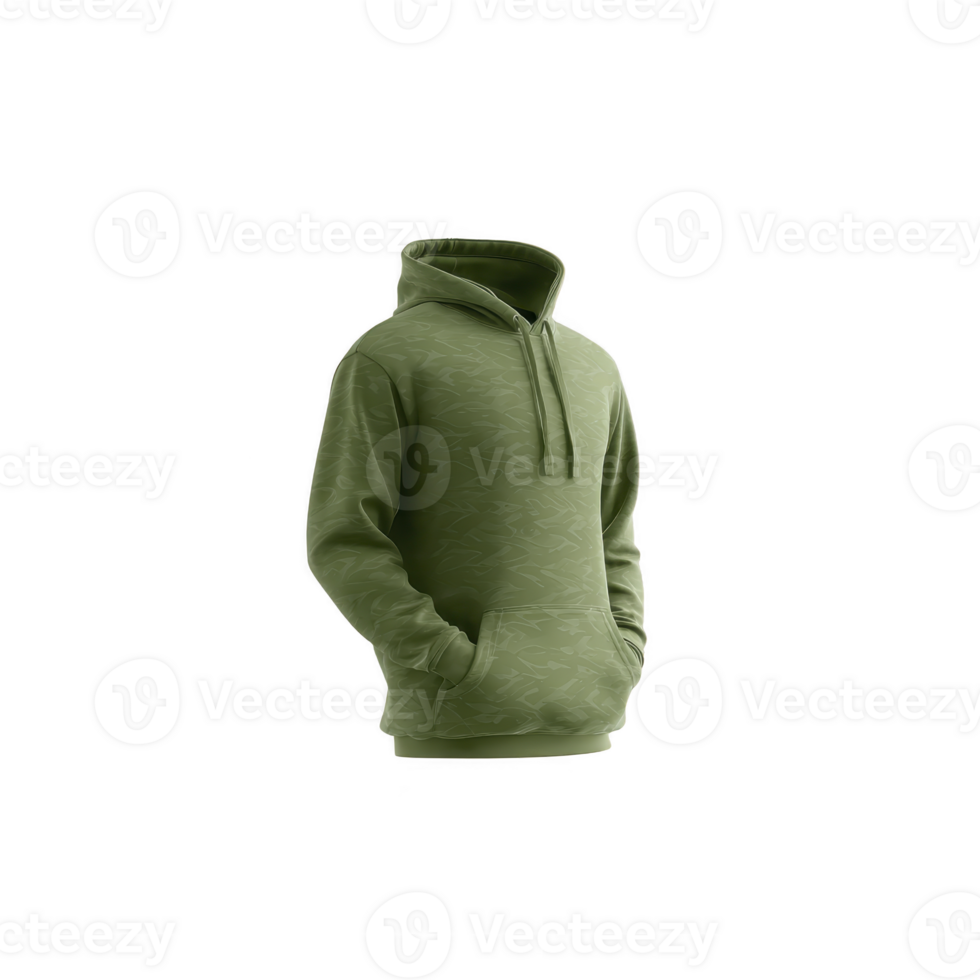 Green hoodie with subtle pattern, featuring front pocket and drawstring hood, isolated on transparency background. casual design is suitable for everyday wear png