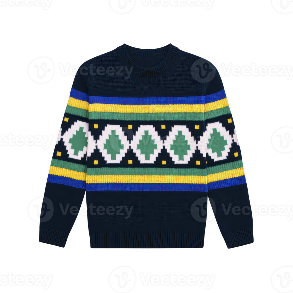 Cozy, dark gray sweater with vibrant geometric patterns in green, yellow, blue, and white, featuring round neckline and long sleeves, perfect for stylish winter look png