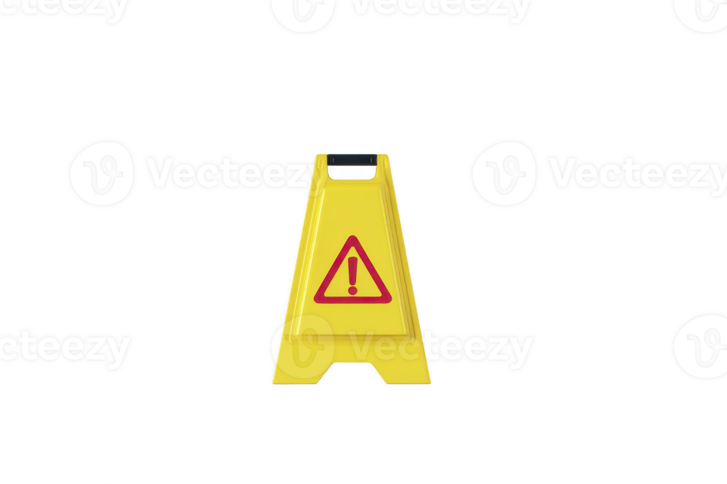 Yellow caution sign with red warning symbol stands on plain background, indicating potential hazards. sign is designed to alert people to be cautious in area png