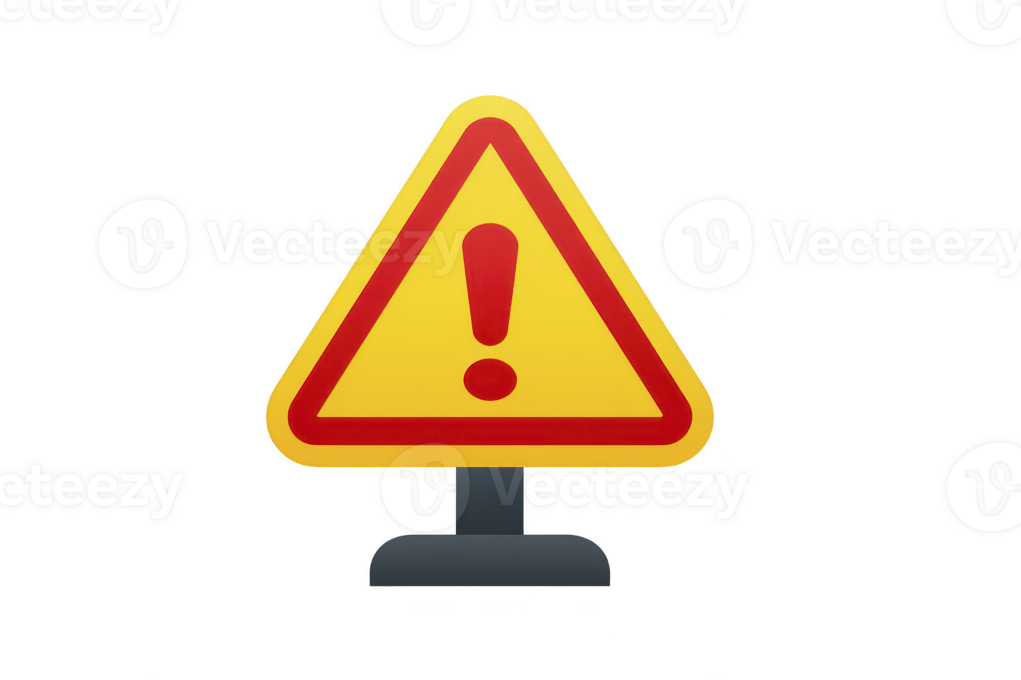 Yellow triangular warning sign with red exclamation mark is displayed, symbolizing caution or alert. sign is mounted on gray stand, emphasizing its importance and visibility png