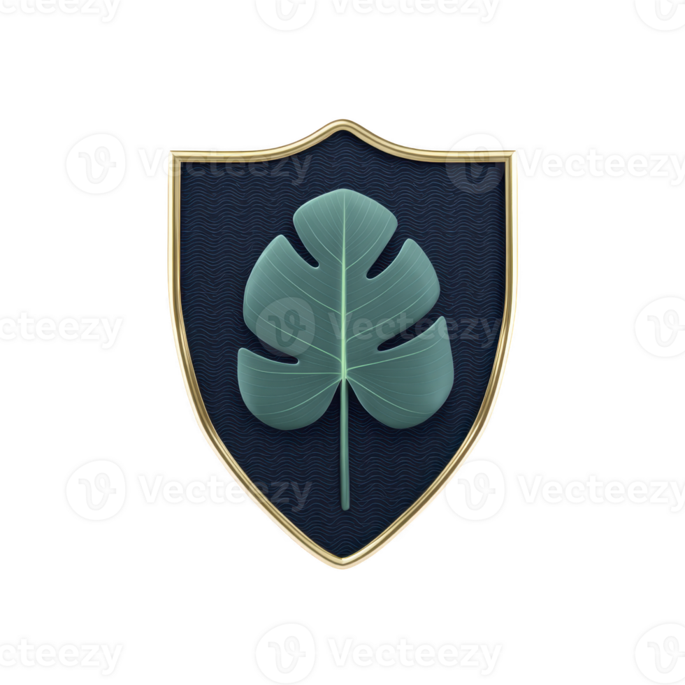 Shield emblem featuring stylized green leaf on dark textured background, symbolizing nature and protection. design is simple yet elegant, with gold outline adding touch of sophistication png