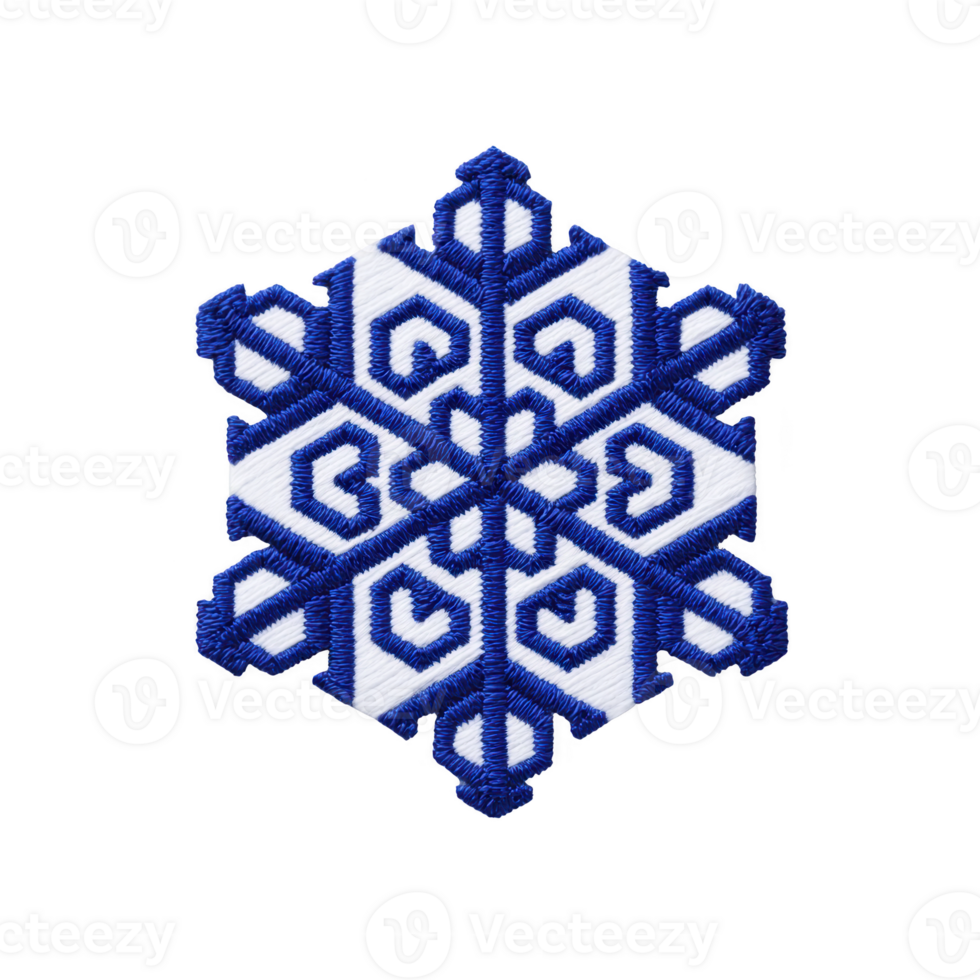 Intricate blue and white embroidered snowflake patch with geometric patterns, showcasing detailed craftsmanship and symmetry. Ideal for winter themed decorations or clothing embellishments png
