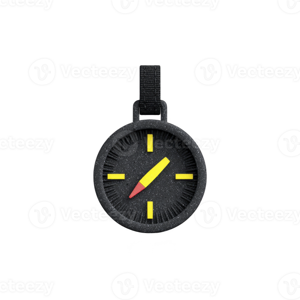 Black circular compass with yellow and red needle, featuring strap for easy carrying. compass is designed for navigation and outdoor activities, providing direction with simple interface png