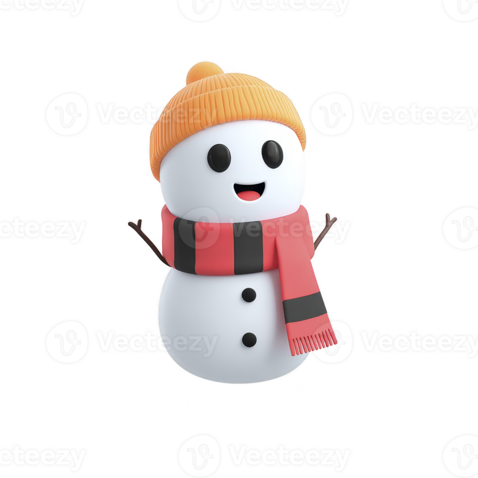 Cute snowman with cheerful expression is wearing orange beanie and red scarf. snowman has simple black eyes and buttons, with twig arms extending outward png