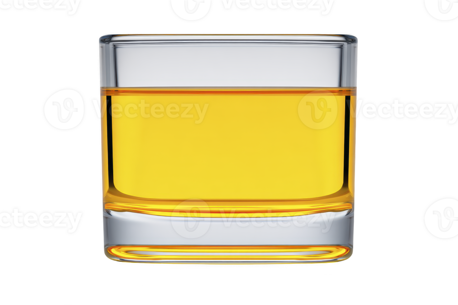 Clear glass filled with amber liquid, likely whiskey or similar spirit, is shown against transparency background. glass has simple, modern design, emphasizing rich color of drink png