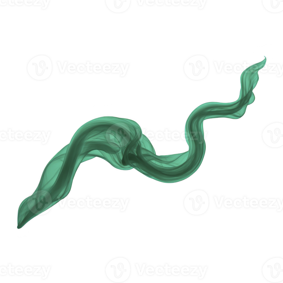 Flowing, abstract green ribbon swirls gracefully against transparency background, evoking sense of movement and fluidity. translucent texture adds depth and elegance to composition png