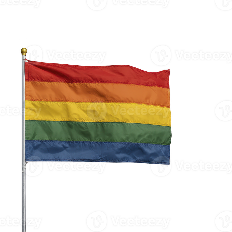 Image shows vibrant rainbow flag waving flagpole symbolizing LGBTQ pride and diversity. flag features horizontal stripes red orange yellow green blue and purple representing inclusivity png
