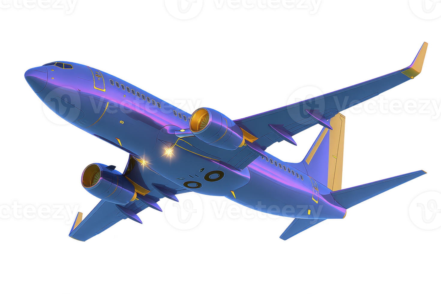Vibrant illustration of commercial airplane in flight, showcasing dynamic color palette of blue and yellow. aircraft is depicted from low angle, highlighting its sleek design and powerful engines png