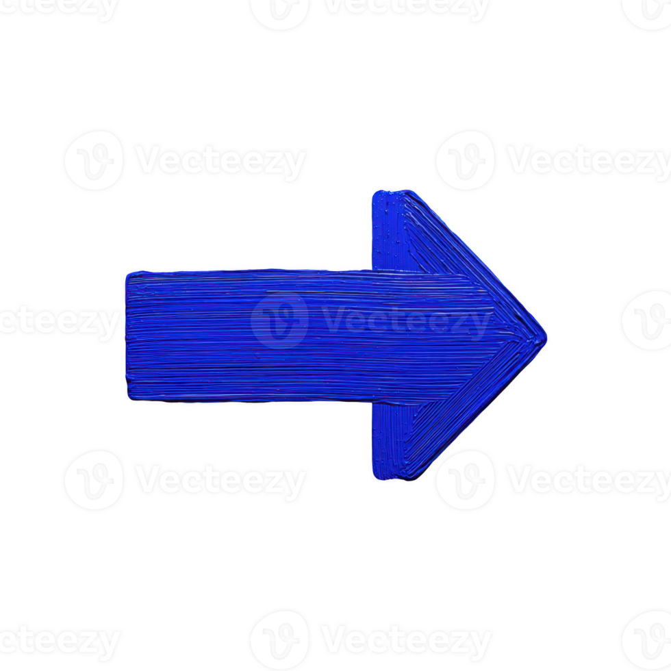 Bold blue arrow painted with textured brush strokes on transparency background, pointing to right, symbolizing direction and movement png