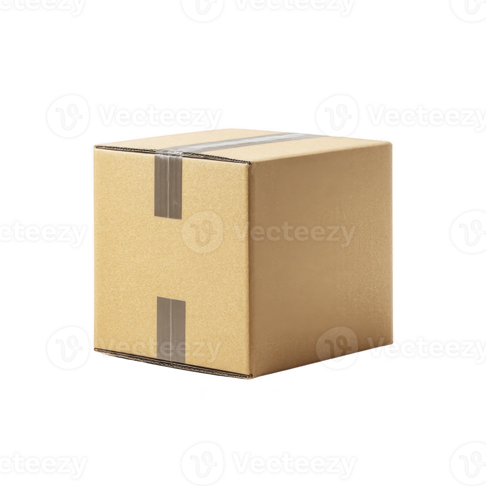 Plain cardboard box with tape is shown against transparency background, ideal for shipping or storage purposes. box is closed and appears sturdy, suitable for packaging various items png