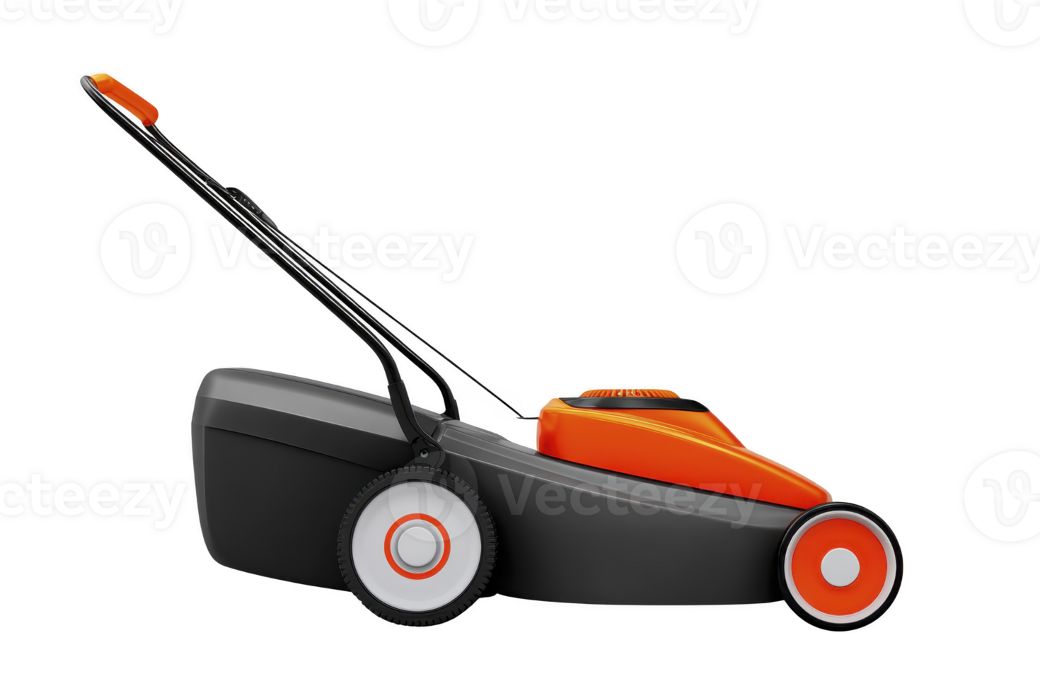 Modern electric lawn mower with sleek design, featuring black and orange color scheme, large wheels, and ergonomic handle for easy maneuverability png