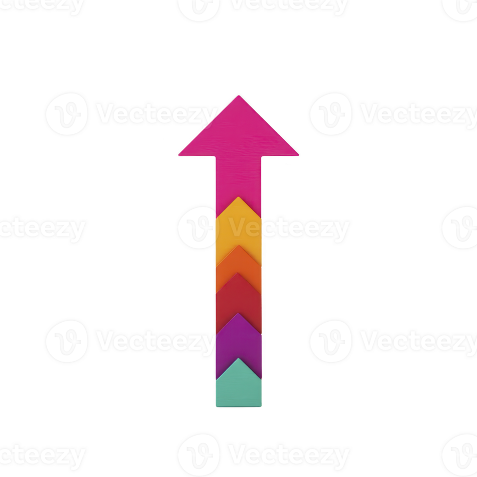 Colorful arrow pointing upwards with gradient of pink, orange, red, and teal shades, symbolizing growth and progress. vibrant design is eye catching and dynamic png