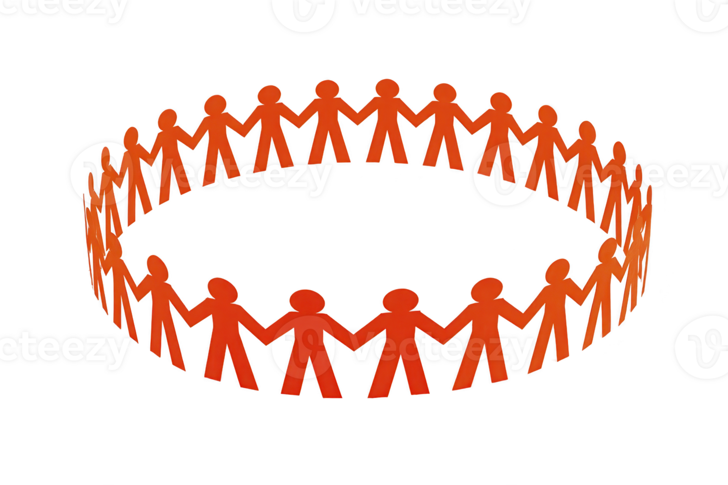Circle of orange paper cutout figures holding hands symbolizes unity and community. simplistic design conveys sense of togetherness and cooperation, emphasizing collective harmony png