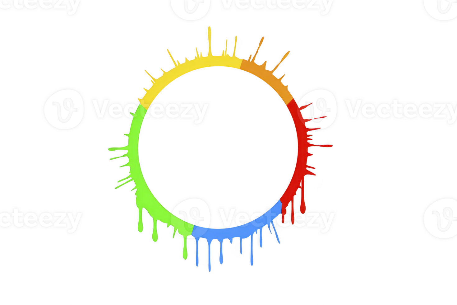 Vibrant circular design with dripping paint in rainbow colors creates dynamic and artistic effect. gradient transitions smoothly from red to blue, green, and yellow, forming complete circle png
