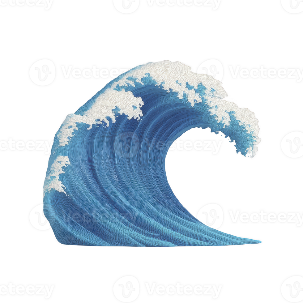 Stylized illustration of large ocean wave with white foam, showcasing dynamic movement and vibrant blue hues. wave texture and form evoke sense of power and natural beauty png